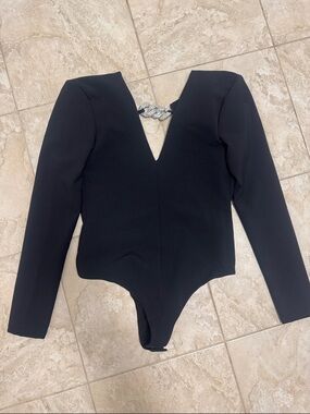 Zara Black Long-Sleeve V-Neck Kids Bodysuit with Silver Accent